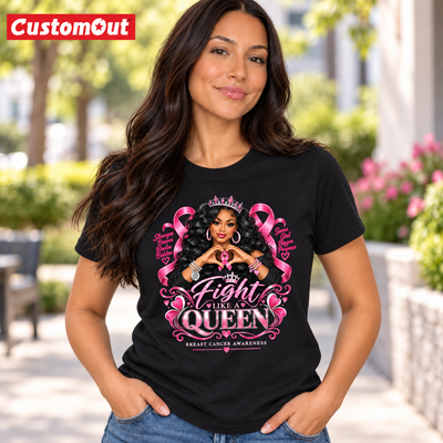 black Fight Like a Queen breast cancer awareness T-shirt with crowned woman and pink ribbons