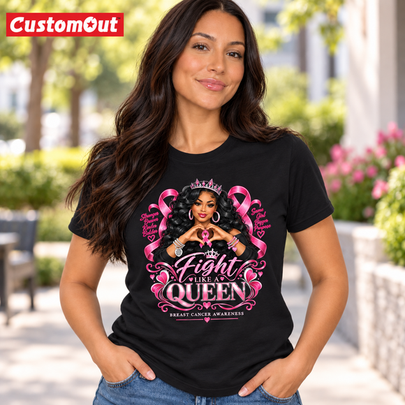 black Fight Like a Queen breast cancer awareness T-shirt with crowned woman and pink ribbons