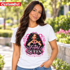 white Fight Like a Queen breast cancer awareness T-shirt with crowned woman and pink ribbons
