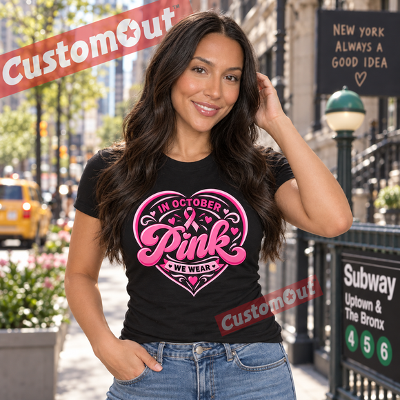 In October We Wear Pink breast cancer awareness T-shirt in black
