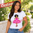 White breast cancer awareness T-shirt with illustrated woman in a pink ribbon dress