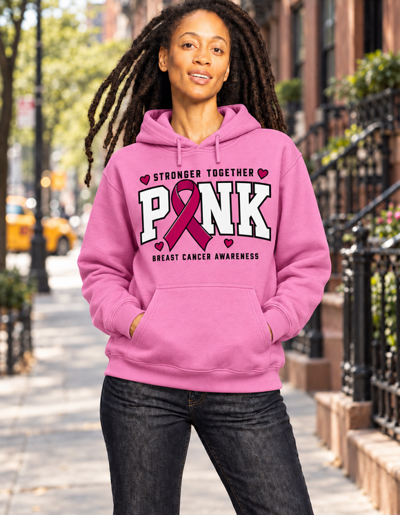 Stronger Together Pink Ribbon Breast Cancer Awareness Hoodie modeled on a woman in New York City