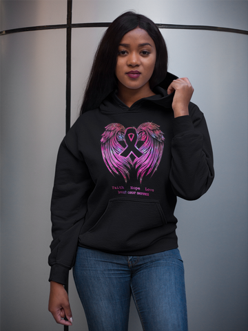 Faith Hope love Breast Cancer Awareness Pink Wings Hoodie -BLACK - 0