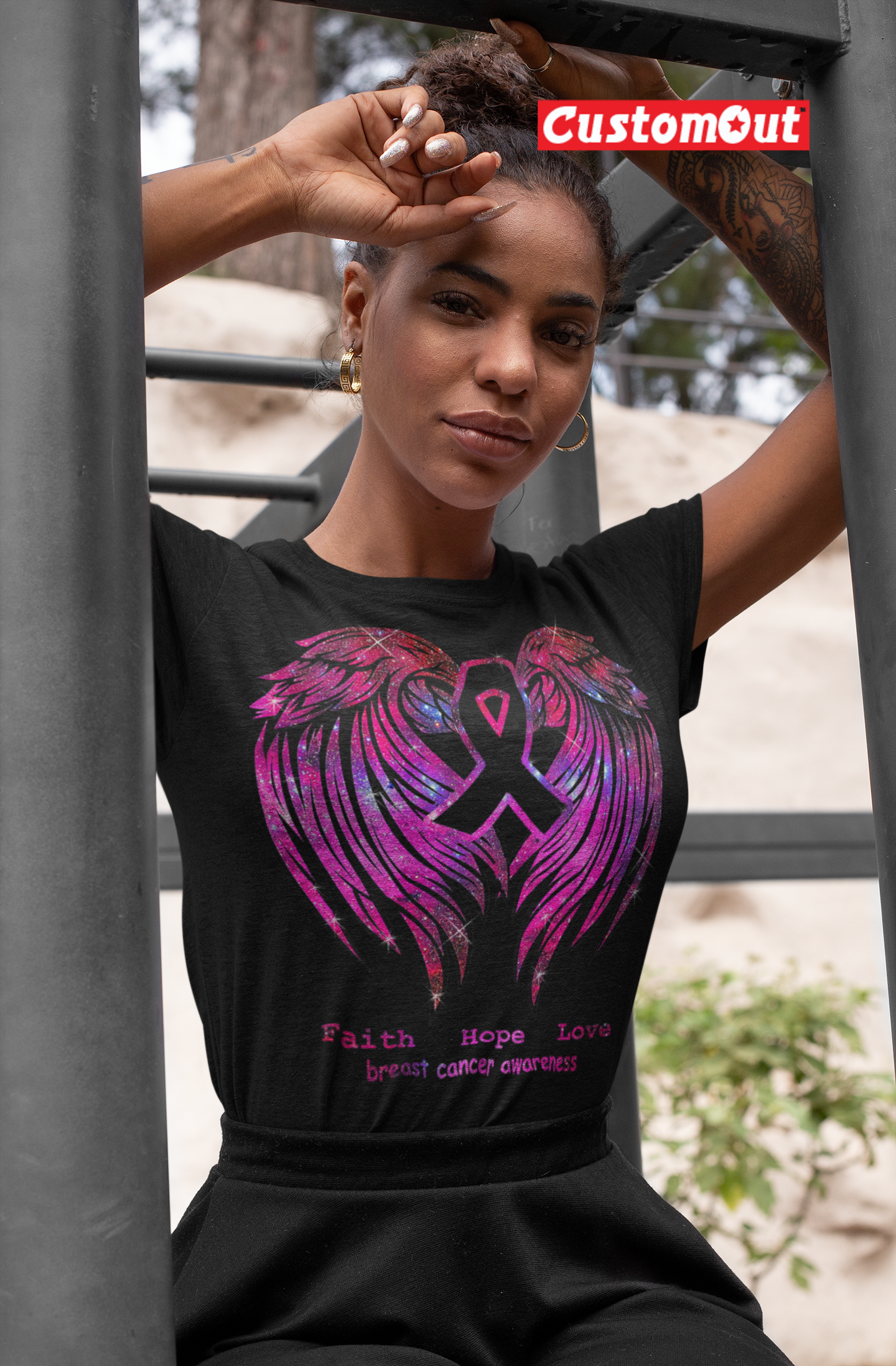 Faith Hope love Breast Cancer Awareness Pink Wings T-Shirt - 0