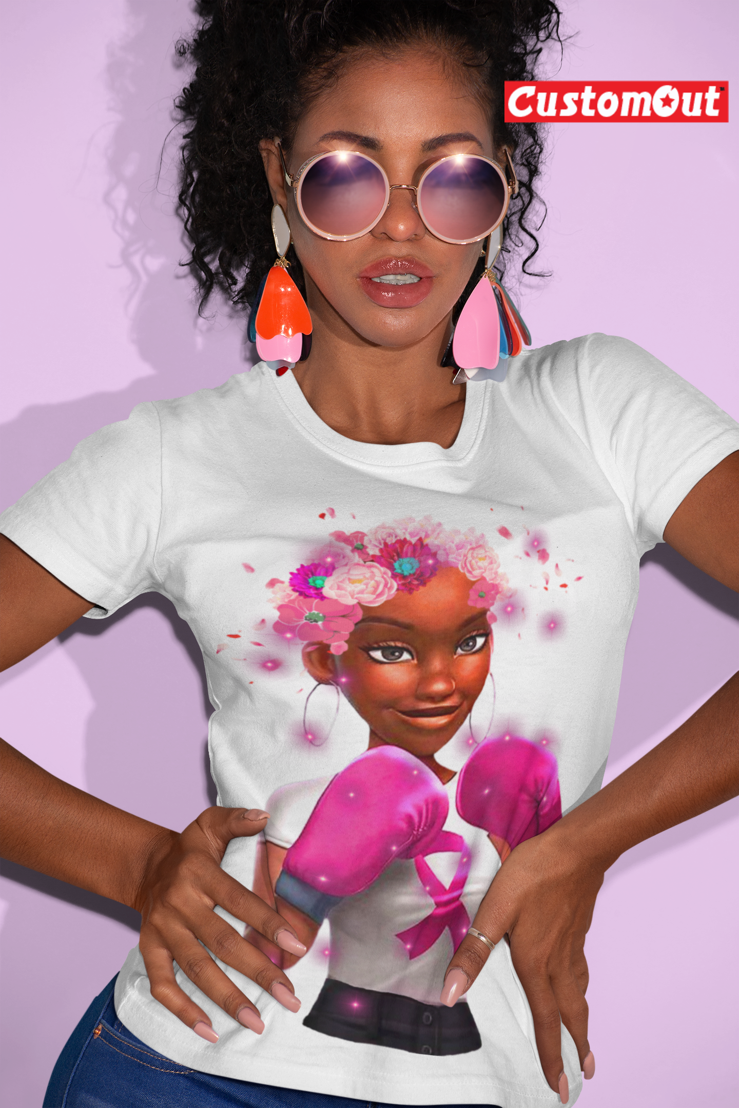 Breast Cancer Girl Boxing Warrior Breast Cancer Woman Ribbon T-Shirt - 0